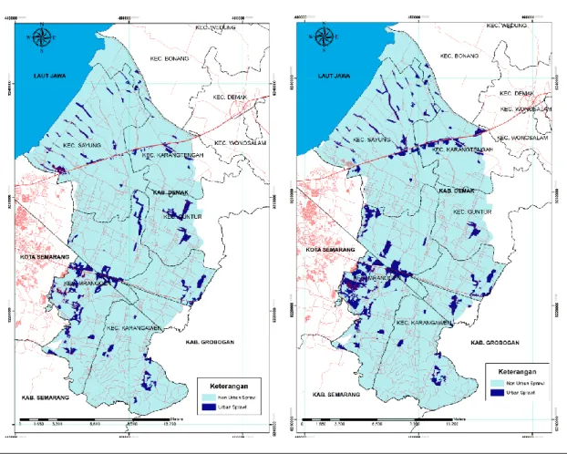 Gambar 3. Kawasan Urban Sprawl Tahun 2001 (kiri) dan Tahun 2012 (kanan) 