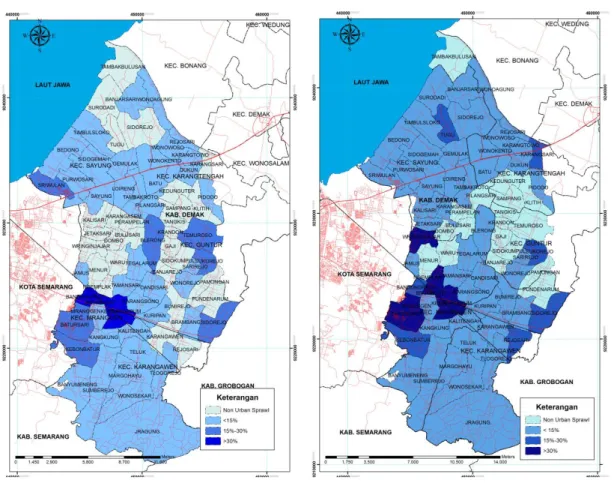 Gambar 4. Desa yang tergolong Urban Sprawl Tahun 2001 (Kiri) dan Tahun 2012 (Kanan)  Peningkatan  sprawl  terjadi  pada  Kecamatan  Mranggen  meliputi  Desa  Kangkung,  Desa  Ngemplak  dan  Desa  Wringinjajar;  Desa  Rejosari  Kecamatan  Karangawen,  Kecam