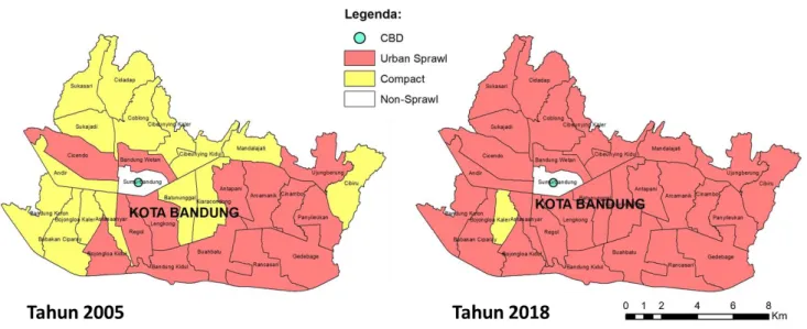 Gambar 3. Perbadingan hasil identifikasi urban sprawl  di Kota Bandung tahun 2005 dan 2018