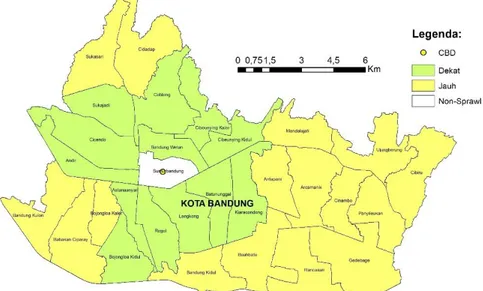 Gambar 6. Jarak terhadap CBD untuk masing-masing kecamatan di Kota Bandung. 