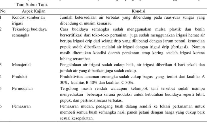 Tabel  1.    Rekapitulasi  kondisi  pelaksanaan  budidaya  semangka  yang  dijalankan  oleh  anggota  Kelompok  Tani Subur Tani