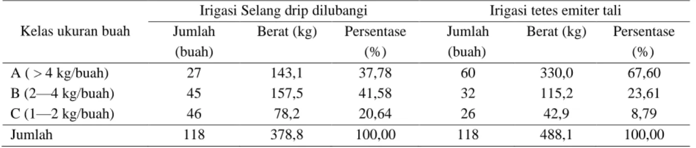 Tabel 4.  Produksi semangka pada demplot   Kelas ukuran buah 