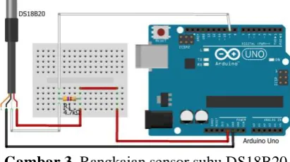 Gambar 3. Rangkaian sensor suhu DS18B20  Pada pin 2 diberi resistor pull-up sebesar 