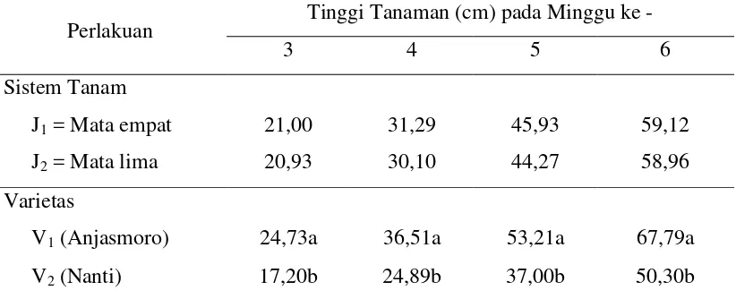 Tabel 1 . Rataan tinggi tanaman (cm) pada umur 3 – 6 MST pada masing - masing sistem tanam dan varietas