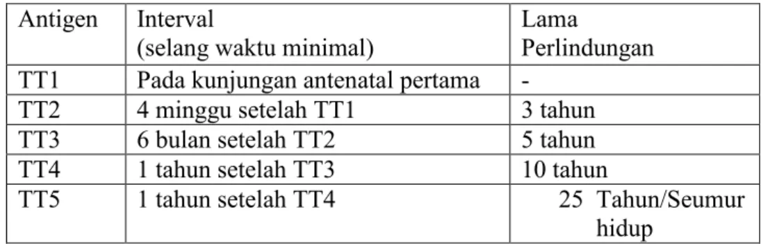 Tabel 2.6.  selang waktu pemberian imunisasi Tetanus Toxoid  Antigen  Interval 