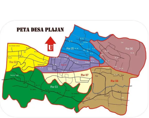 Gambar 1. Peta Lokasi Desa Plajan Kec. Pakis Aji, Kota Jepara  Keterangan :                                                            Timur    : East                                                  Selatan : South                                         