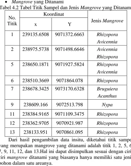 Tabel 4.2 Tabel Titik Sampel dan Jenis Mangrove yang Ditanami  No.  Titik  Koordinat  Jenis Mangrove  x  Y  1  239135.6508  9071372.6663  Rhizopora           Avicennia  2  238975.5738  9071498.6646  Avicennia           Rhizopora  5  238650.1871  9071927.58