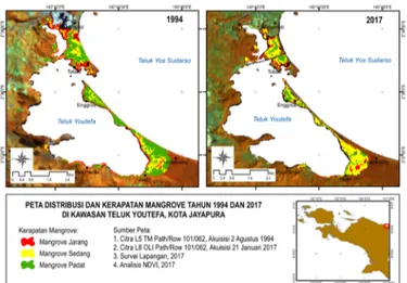 Gambar 1. Peta sebaran dan kerapatan mangrove kawasan Teluk Youtefa tahun 1994 dan 2017