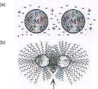 Fig. 4 Schematic images of metal nanoparticle stabilization; (a) by electrostatic repulsion,  (b) by steric stabilization [37]