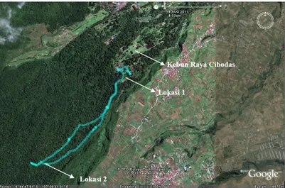 Gambar 1. Lokasi penelitian di kawasan TNGGP. Lokasi 1: vegetasi tepi hutan; Lokasi 2: vegetasi interior hutan   Tabel 1