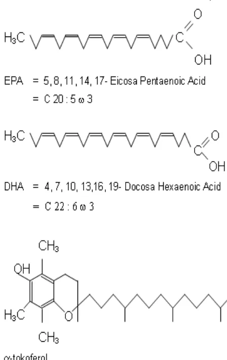 Gambar 1. Struktur EPA, DHA, dan α-tokoferol.
