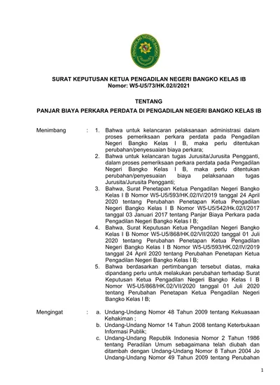 SURAT KEPUTUSAN KETUA PENGADILAN NEGERI BANGKO KELAS IB Nomor: W5-U5/73 ...