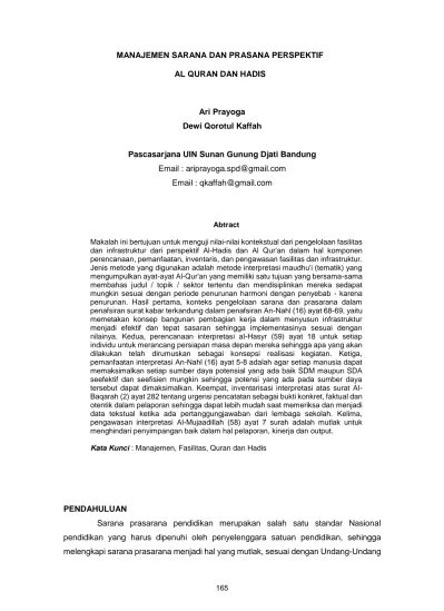 Manajemen Sarana Dan Prasana Perspektif Al Quran Dan Hadis Ari Prayoga