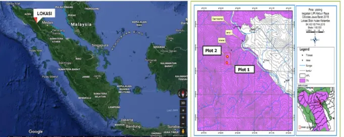 Gambar 1.   Lokasi  pengambilan  sampel  dan  skema  plot  sampel  di  Gunung  Ketambe  (Sumber  Peta    :  https://www.google.com/maps dan Supriyanto, 2017)