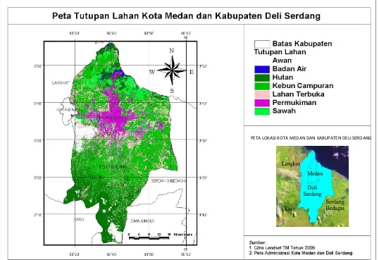 Gambar 2. Peta  tutupan lahan  Kota Medan  dan  Kabupaten  Deli Serdang hasil  klasifikasi citra Landsat TM 5 tahun 2006 
