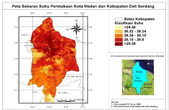 Gambar 3. Peta  sebaran suhu  Kota Medan  dan  Kabupaten  Deli Serdang hasil  klasifikasi citra Landsat TM 5 tahun 2006 