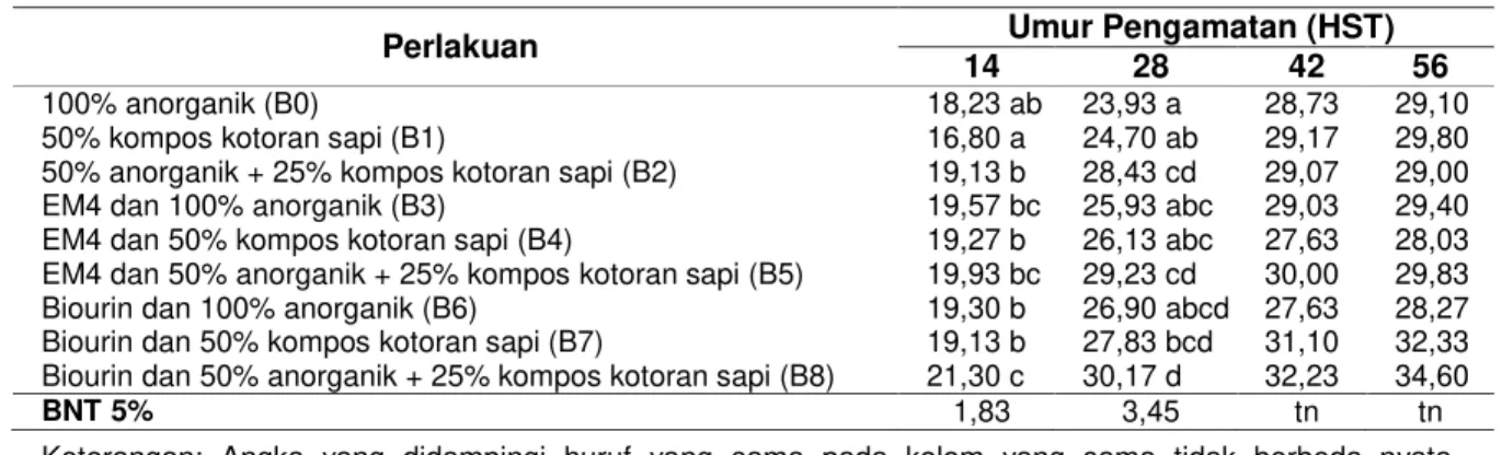 Tabel 2 Rerata Jumlah Daun Bawang Merah (helai lubang tanam -1 ) pada Berbagai Umur  