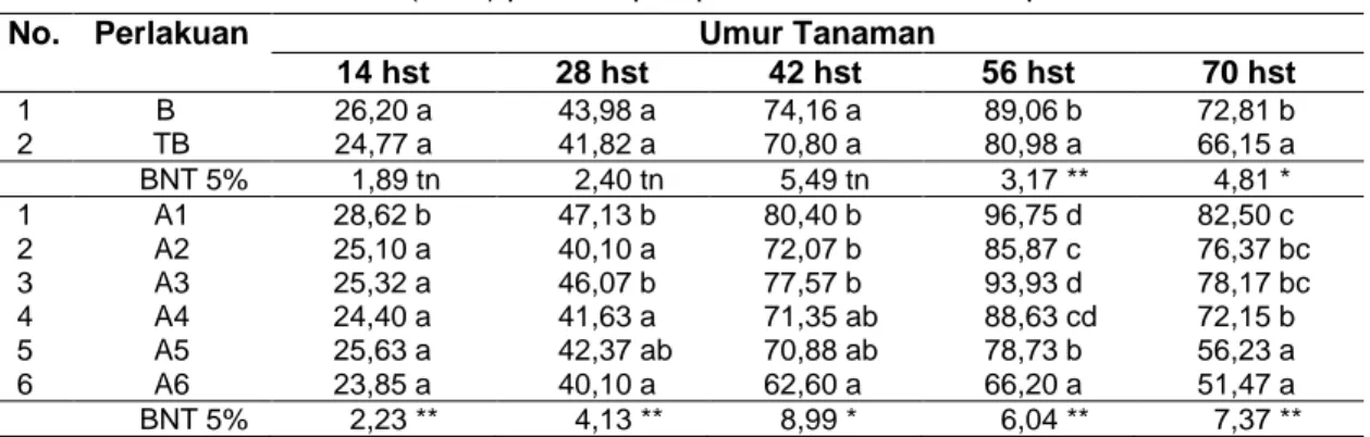 Tabel 2 Rerata Jumlah Daun (helai) per Rumpun pada Umur 14 hst sampai 70 hst  No.  Perlakuan  Umur Tanaman 