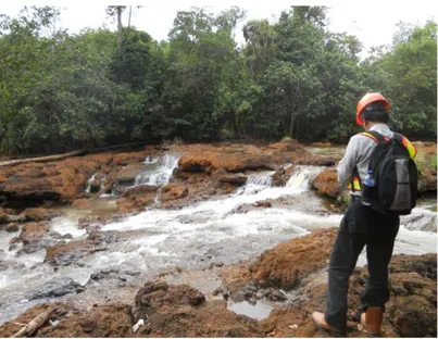 Foto 1. Kenampakan singkapan konglomerat Pandua di sungai Molore, lensa menghadap ke  timur