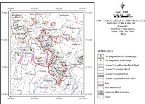 Gambar 2. Peta titik pengambilan dan lintasan pengamatan (LP) data geolistrik (resistivitas) dan geologi  (Penyusun, 2017) 