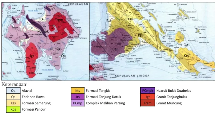 Gambar 3. Peta Geologi Regional Daerah Pulau Singkep dan Pulau Lingga Menunjukkan Sebaran Batuan Berumur Karbon  Sampai Paleosen Serta Struktur Geologi Berarah Relatif Tenggara – Baratlaut[15]