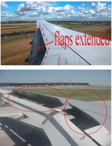 Gambar 2.5 Gambar Mekanis Spoiler untuk perlambatan pesawat,  penurunan flap (atas) dan pengangkatan panel pesawat (bawah) (Quora, 