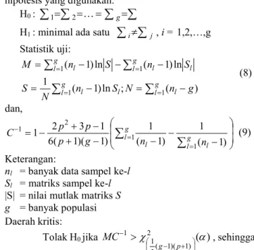 Tabel 1. MANOVA One-way  Source of  Variation  Matrix of SSCP  Degrees of freedom  Treatment  B   g l  1 n l ( x l  x )( x l  x )  g-1  Error  W    l g  1 nj l  1 n l ( x lj  x l )( x lj  x l )   l g 1 n l  g Total  B  W    l g  1  1