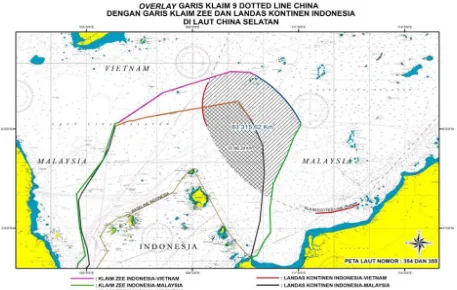 Figure 1.  Illustration Map overlaying China’s NDL Claim and Indonesia’s ZEE and Continental  