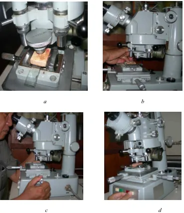 Gambar 10.  Prosedur Pengukuran kekerasan permukaan enamel dengan Micro                             Vickers Hardness Tester 