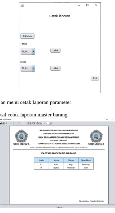 Gambar 11. Tampilan menu cetak laporan parameter  4.12.  Tampilan hasil cetak laporan master barang 