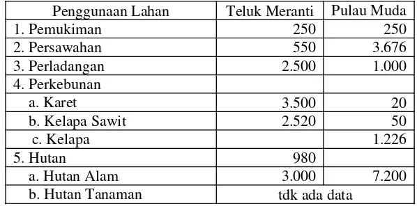 Tabel 1. Penggunaan lahan di Teluk Meranti dan Pulau Muda (ha)