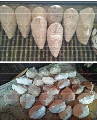 Gambar 4 &amp; 5: Bentuk Dasar Topeng Malangan  di Padepokan Asmoro Bangun Berbahan Kayu (Sumber: Arining Wibowo, 29 September 2017)