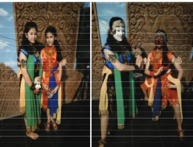 Gambar 1 &amp; 2: Winnie Padnecwara (kiri)  dan Dita Andhika  Raja Padmi (kanan) memerankan karakter Dewi Sekartaji (kiri)  dan Bapang Jayasentika (kanan) pada pertunjukan Wayang  Topeng Malangan (Sumber: Arining Wibowo, 29 Juni 2018)