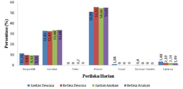Gambar  1.    Perbandingan  perilaku  harian  rusa  timor  di  Penangkaran  Rusa  Tahura  Wan Abdul Rachman