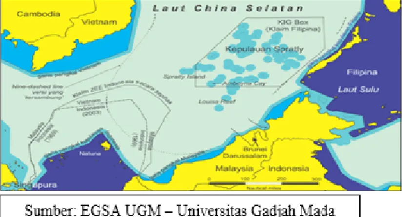 Gambar ini mengilustrasikan letak perairan Natuna Utara  yang  berada persis  bersebrangan dengan kawasan Laut China Selatan yang menggambarkan wilayah  perairan Natuna Utara masuk sebagai bagian dari wilayah kedaulatannya