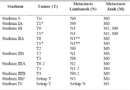 Tabel 2.1 Klasifikasi stadium berdasarkan sistem TNM (American Joint Committee  on Cancer, 2010)