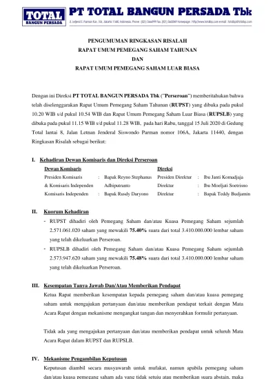 Pengumuman Ringkasan Risalah Rapat Umum Pemegang Saham Tahunan Dan