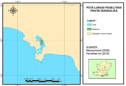 Gambar 1. Peta lokasi penelitian karang keras di zona intertidal Pantai Mandalika.  b
