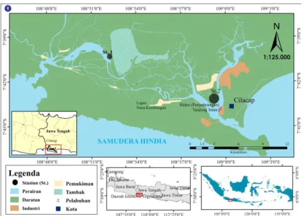 Gambar 1 Peta lokasi penelitian dan daerah pengambilan kerang totok (G. erosa) di bagian        timur Segara Anakan dan bagian barat Sungai Donan, Cilacap, Jawa Tengah (Figure 1   The location of study and sampling site of mud clam (G