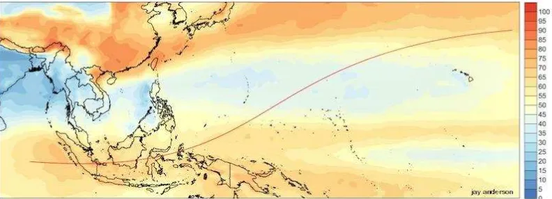 Gambar 3. 4. Prediksi tutupan awan pada tanggal 9 Maret 2016. Garis merah 