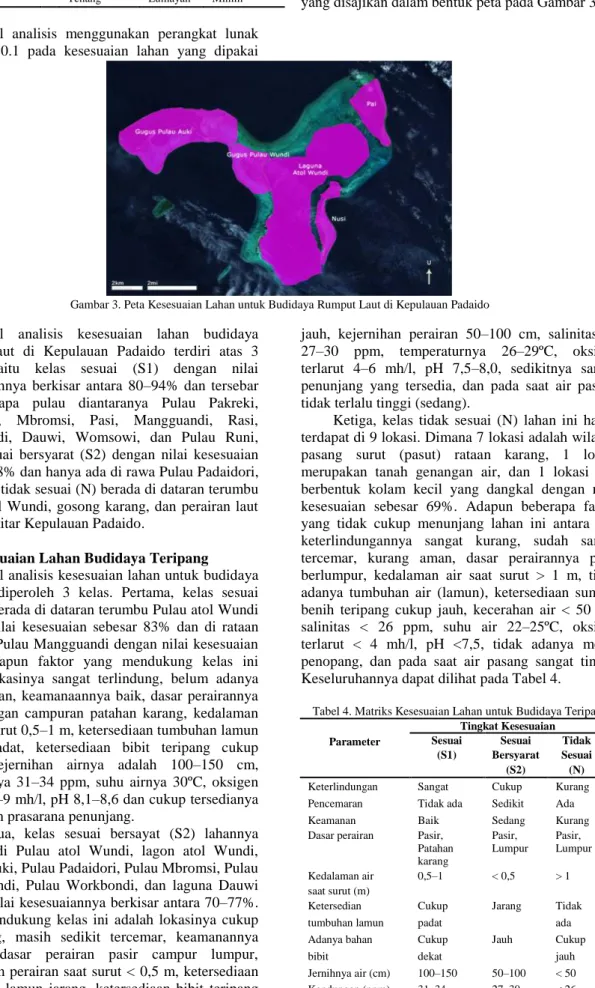 Gambar 3. Peta Kesesuaian Lahan untuk Budidaya Rumput Laut di Kepulauan Padaido  Hasil  analisis  kesesuaian  lahan  budidaya 