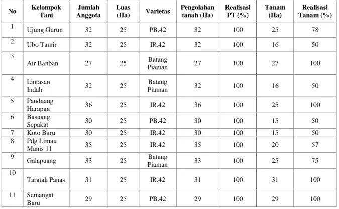 Tabel 2. Realisasi Kegiatan Penanaman Kelompok Tani Padi Musim Tanam Mei-Juni 2017  No  Kelompok  Tani  Jumlah  Anggota  Luas (Ha)  Varietas  Pengolahan tanah (Ha)  Realisasi PT (%)  Tanam (Ha)  Realisasi  Tanam (%)  1  Ujung Gurun  32  25  PB.42  32  100 