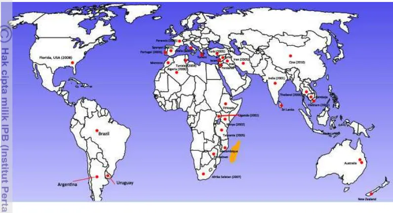 Gambar 5  Peta persebaran L. invasa di dunia (Sumber: http://silverlight2.blogspot. com