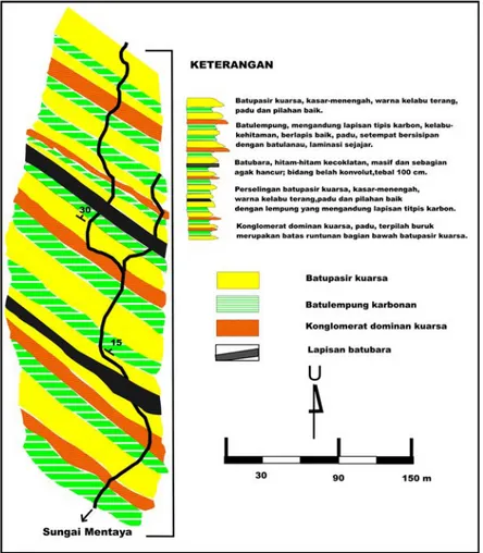 Gambar 12. Lintasan geologi dan singkapan batubara di Sungai Mentaya.