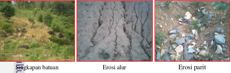 Gambar 5.  Singkapan batuan, bentuk erosi alur dan erosi parit di lokasi penelitian pada 