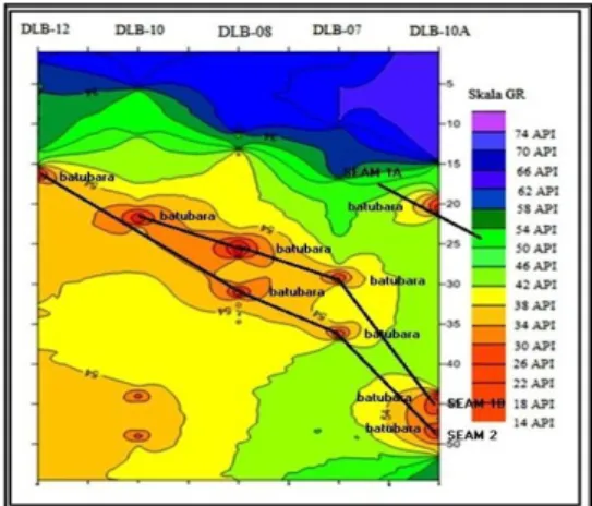 Gambar 1 Penampang batubara data  sinar gamma lintasan 1 