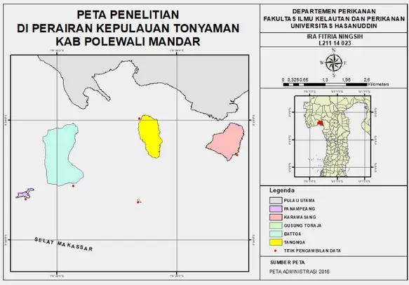 Gambar 1. Peta lokasi pengambilan sampel lamun di Kepulauan Tonyaman, Kecamatan Binuang, Kabupaten  Polewali Mandar, Sulawesi Barat 
