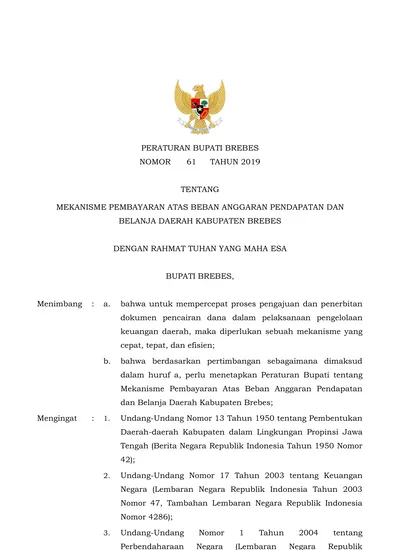 PERATURAN BUPATI BREBES NOMOR 61 TAHUN 2019 TENTANG MEKANISME ...