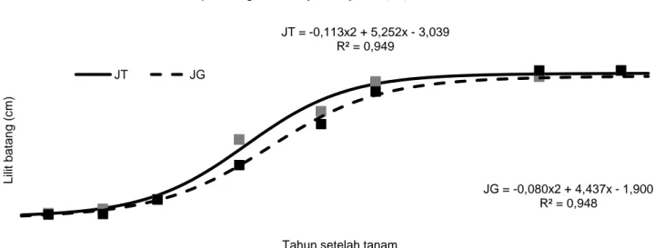 Gambar 2 Pengaruh sistem jarak tanam terhadap lilit batang karet; jarak tanam tunggal (JT) dan jarak tanam ganda (JG)
