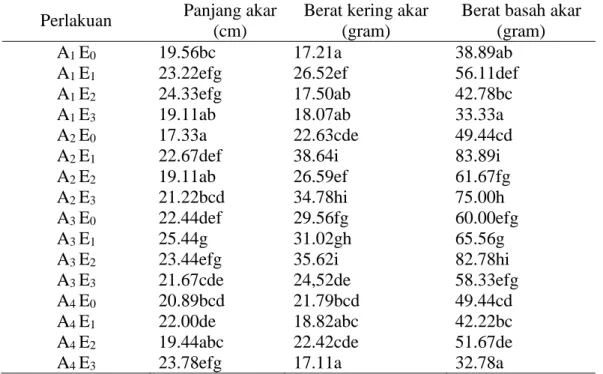 Tabel 2. Rata-rata panjang akar (cm), berat basah (g), dan berat kering akar (g) akibat  cara aplikasi  jamur endofit dan asal isolat jamur endofit 